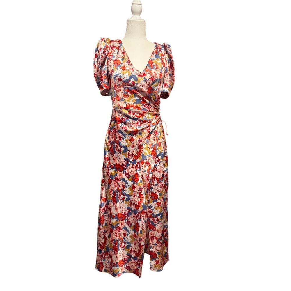 FLORET STUDIOS Floral Satin Faux Wrap Midi Dress in Blue-Red Floral Size Small
